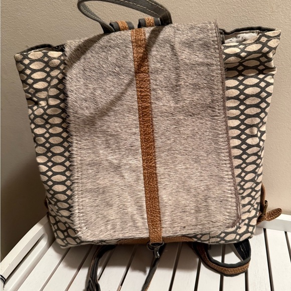 Myra Bag Western Backpack Upcycled Leather Canvas Cowhide Flap Hair Boho NWOT main image 6
